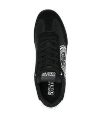 schwarze und weiße bedruckte Segeltuch niedrige Sneakers von VERSACE JEANS COUTURE