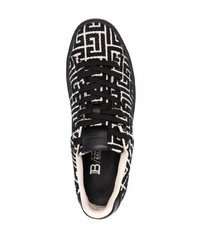 schwarze und weiße bedruckte Segeltuch niedrige Sneakers von Balmain