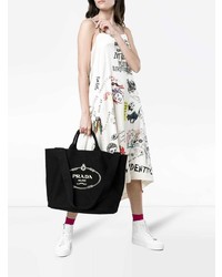 schwarze und weiße bedruckte Shopper Tasche aus Segeltuch von Prada