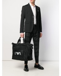 schwarze und weiße bedruckte Shopper Tasche aus Segeltuch von Emporio Armani