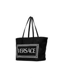 schwarze und weiße bedruckte Shopper Tasche aus Segeltuch von Versace