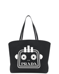 schwarze und weiße bedruckte Shopper Tasche aus Segeltuch von Prada