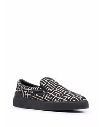 schwarze und weiße bedruckte Slip-On Sneakers aus Segeltuch von Balmain