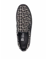 schwarze und weiße bedruckte Slip-On Sneakers aus Segeltuch von Balmain
