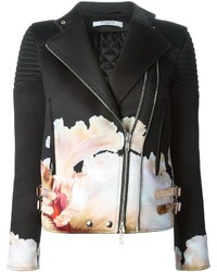 schwarze und weiße Bikerjacke mit Blumenmuster