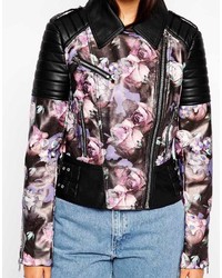 schwarze und weiße Bikerjacke mit Blumenmuster von Asos