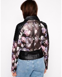 schwarze und weiße Bikerjacke mit Blumenmuster von Asos