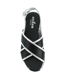 schwarze und weiße flache Sandalen aus Leder von Hogan