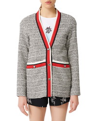 schwarze und weiße horizontal gestreifte Tweed-Jacke