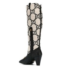 schwarze und weiße kniehohe Stiefel aus Leder von Gucci