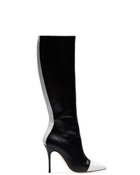 schwarze und weiße kniehohe Stiefel aus Leder von Manolo Blahnik