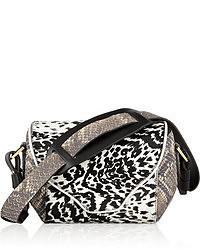schwarze und weiße Satchel-Tasche aus Leder mit Leopardenmuster