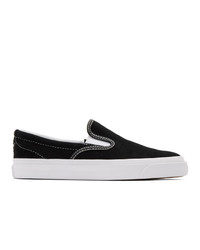 schwarze und weiße Slip-On Sneakers aus Wildleder