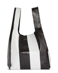 schwarze und weiße vertikal gestreifte Shopper Tasche aus Leder
