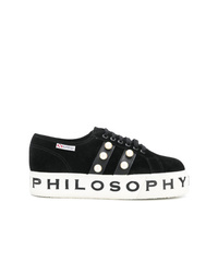 schwarze und weiße verzierte Segeltuch niedrige Sneakers von Philosophy di Lorenzo Serafini