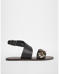 schwarze verzierte flache Sandalen aus Leder von Asos