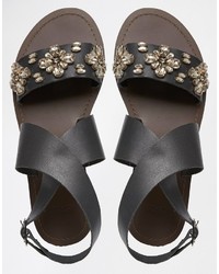 schwarze verzierte flache Sandalen aus Leder von Asos