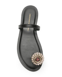 schwarze verzierte flache Sandalen aus Leder von Ermanno Scervino