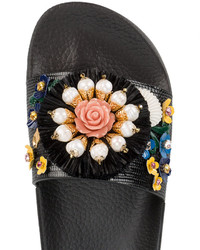 schwarze verzierte flache Sandalen aus Leder von Dolce & Gabbana