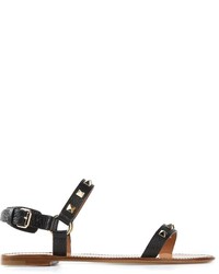schwarze verzierte flache Sandalen aus Leder von Valentino Garavani