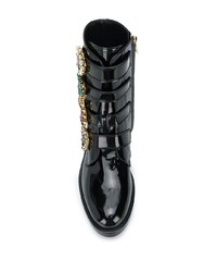 schwarze verzierte flache Stiefel mit einer Schnürung aus Leder von Dolce & Gabbana