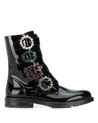 schwarze verzierte flache Stiefel mit einer Schnürung aus Leder von Dolce & Gabbana