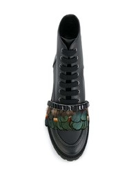 schwarze verzierte flache Stiefel mit einer Schnürung aus Leder von Rochas