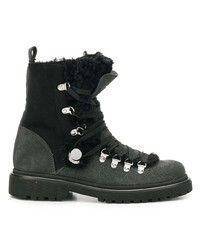 schwarze verzierte flache Stiefel mit einer Schnürung aus Leder von Moncler