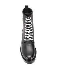 schwarze verzierte flache Stiefel mit einer Schnürung aus Leder von Philipp Plein