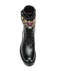 schwarze verzierte flache Stiefel mit einer Schnürung aus Leder von Rene Caovilla