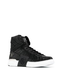 schwarze verzierte hohe Sneakers aus Leder von Philipp Plein