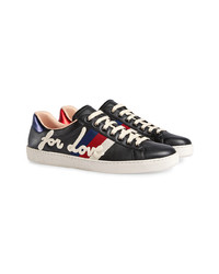 schwarze verzierte Leder niedrige Sneakers von Gucci