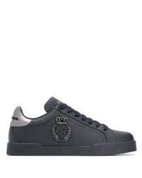 schwarze verzierte Leder niedrige Sneakers von Dolce & Gabbana