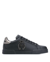 schwarze verzierte Leder niedrige Sneakers von Dolce & Gabbana
