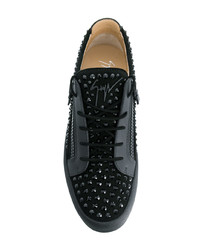 schwarze verzierte Leder niedrige Sneakers von Giuseppe Zanotti Design