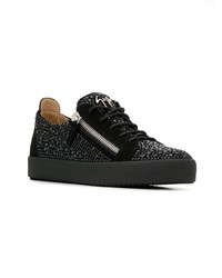 schwarze verzierte Leder niedrige Sneakers von Giuseppe Zanotti Design