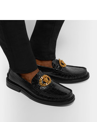 schwarze verzierte Leder Slipper von Versace