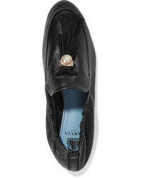 schwarze verzierte Leder Slipper von Lanvin