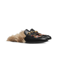 schwarze verzierte Leder Slipper von Gucci