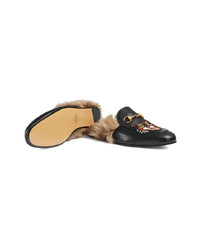 schwarze verzierte Leder Slipper von Gucci