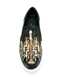 schwarze verzierte Slip-On Sneakers aus Leder von Dolce & Gabbana