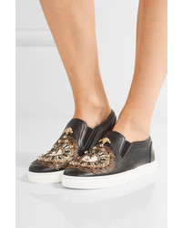 schwarze verzierte Slip-On Sneakers aus Leder von Dolce & Gabbana