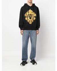 schwarzer bedruckter Fleece-Pullover mit einem Kapuze von VERSACE JEANS COUTURE