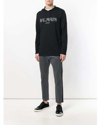 schwarzer bedruckter Pullover mit einem Kapuze von Balmain