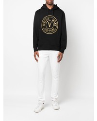 schwarzer bestickter Fleece-Pullover mit einem Kapuze von VERSACE JEANS COUTURE