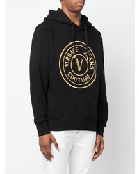 schwarzer bestickter Fleece-Pullover mit einem Kapuze von VERSACE JEANS COUTURE