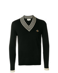 schwarzer bestickter Pullover mit einem V-Ausschnitt
