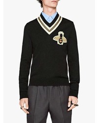schwarzer bestickter Pullover mit einem V-Ausschnitt von Gucci