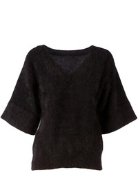 schwarzer flauschiger Pullover mit einem V-Ausschnitt von Lamberto Losani
