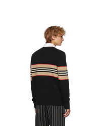 schwarzer horizontal gestreifter Pullover mit einem Rundhalsausschnitt von Burberry